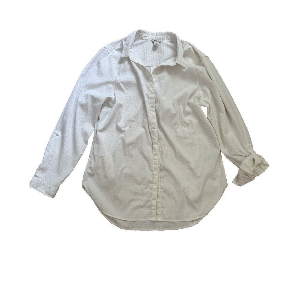 L.L. Bean Women’s Button Up Shirt White Roll Tab Sleeve Textured Tunic Size L